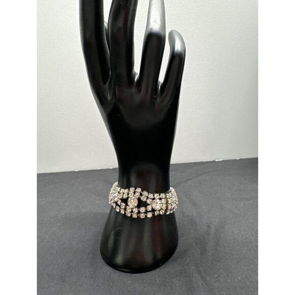 Vintage Rhinestone Bracelet With Silver-Tone Fold Over Clasp - Picture 1 of 6